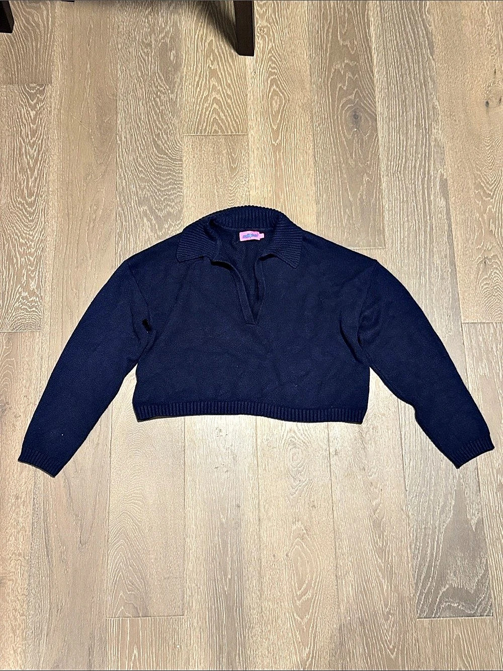 Edikted Cropped Collared Sweater in Navy Blue